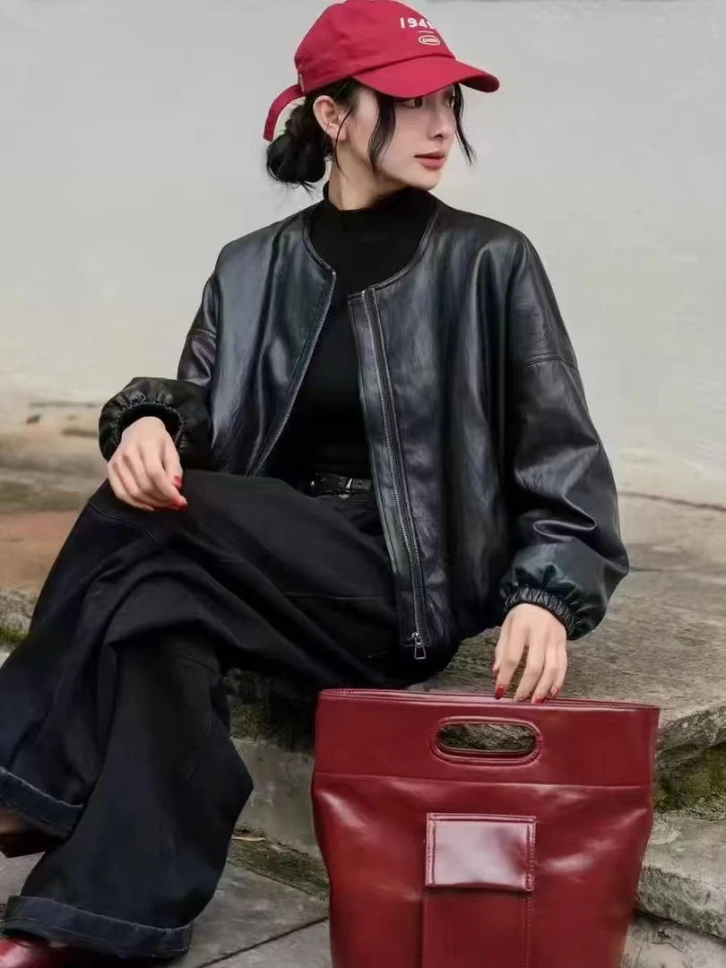 百搭休闲圆领短款皮衣外套