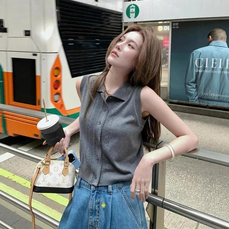 老钱风灰色冰丝针织背心马甲女夏季高智感无袖polo衫正肩T恤上衣