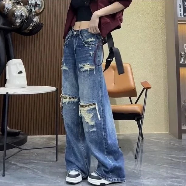 复古高腰阔腿牛仔裤女宽松直筒拖地裤韩版显瘦新款棉质大码裤子