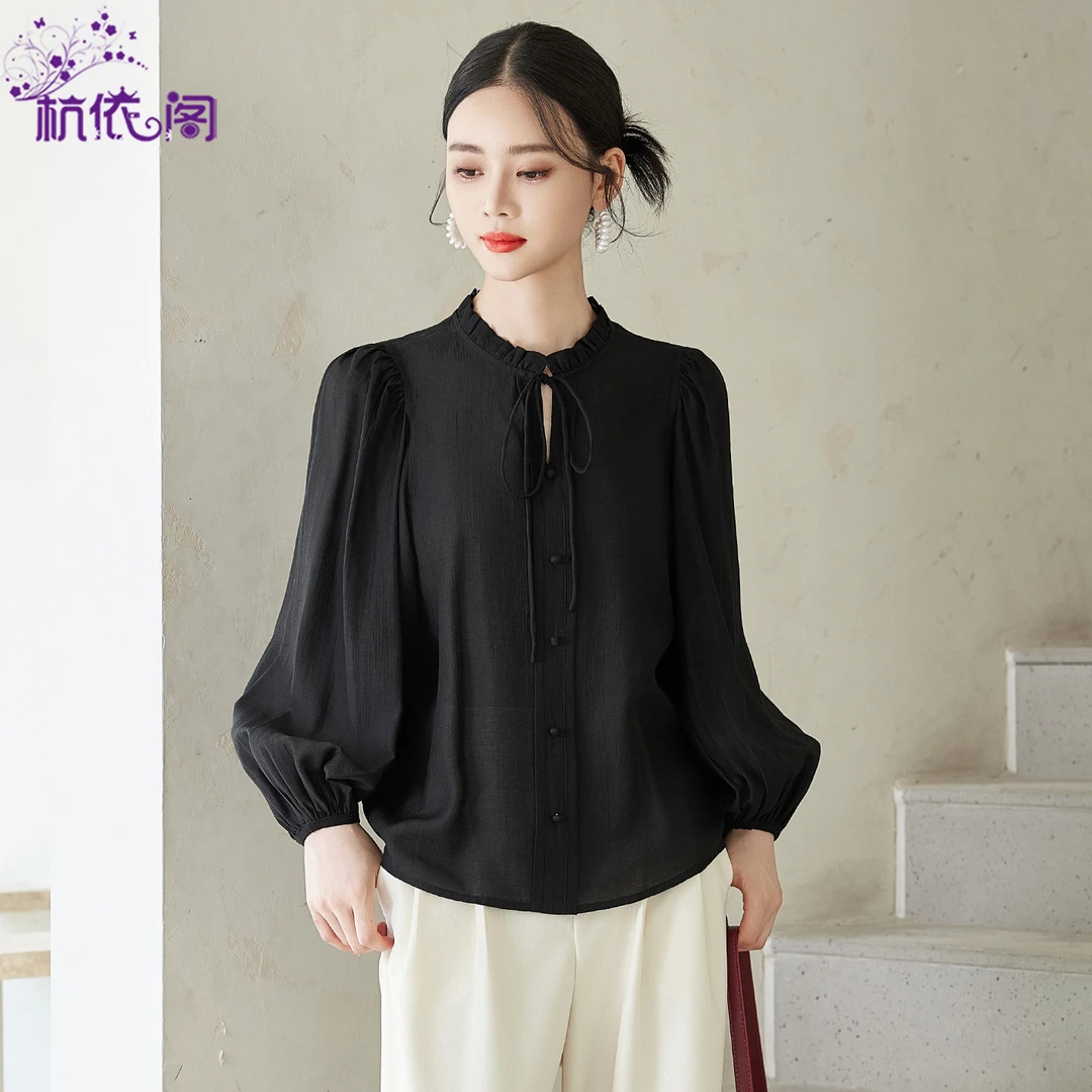 黑色长袖衬衫女2025秋季新款气质通勤洋气宽松显瘦灯笼袖小衫上衣