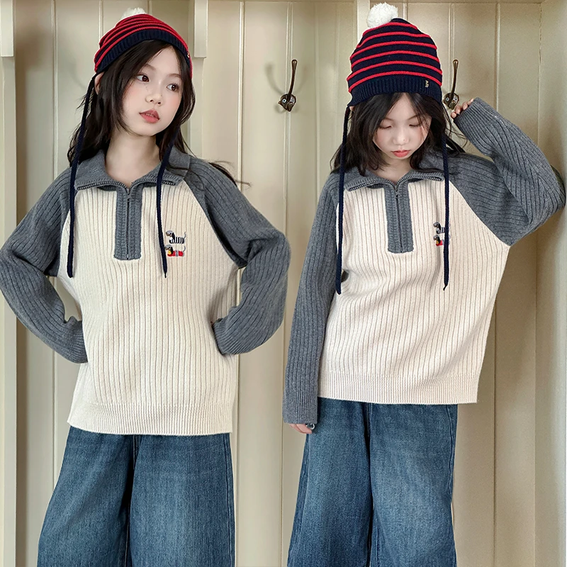 女童提花拼色毛衣秋季2025新款时尚可爱网红甜美休闲中大童上衣