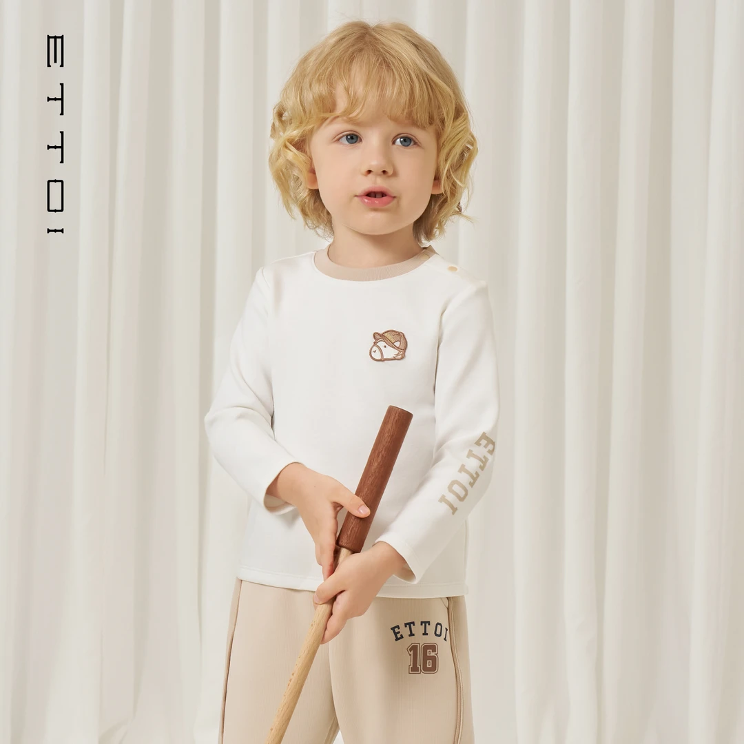 ETTOI2025秋新款白色长袖T恤舒适感圆领简约撞