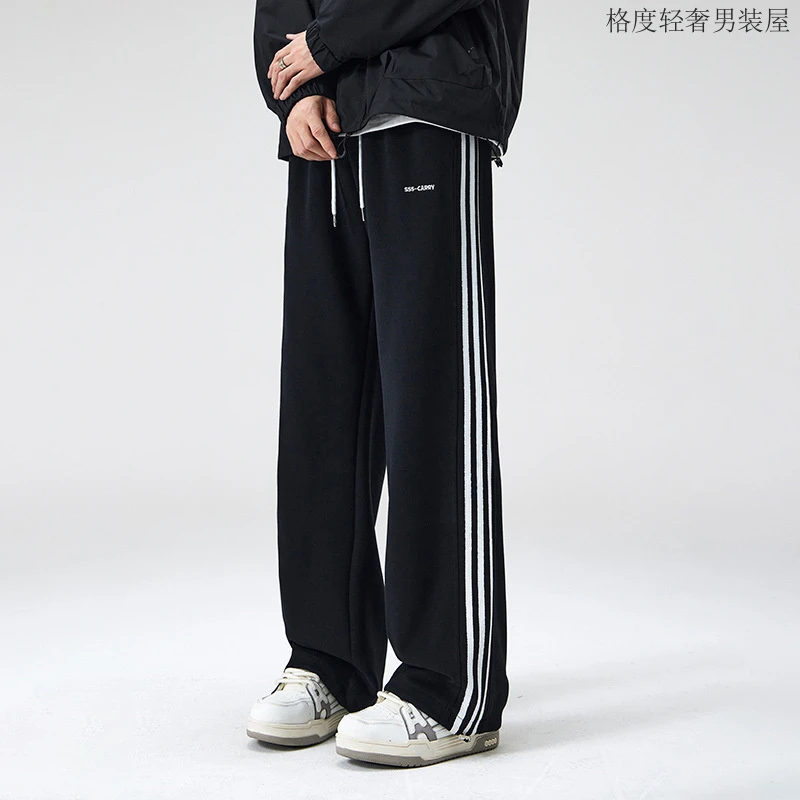 宽松百搭男士直筒卫裤运动休闲裤新款黑色三条杠裤子男款秋冬款