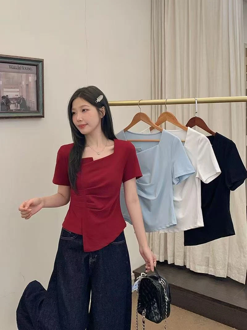 不规则修身显瘦短袖T恤2025夏季新款大码胖mm时尚百搭显瘦别致