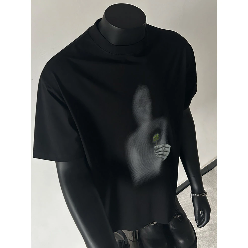 100%纯棉320克重磅男士百搭夏季黑色宽松时尚印花半袖ins韩版小众