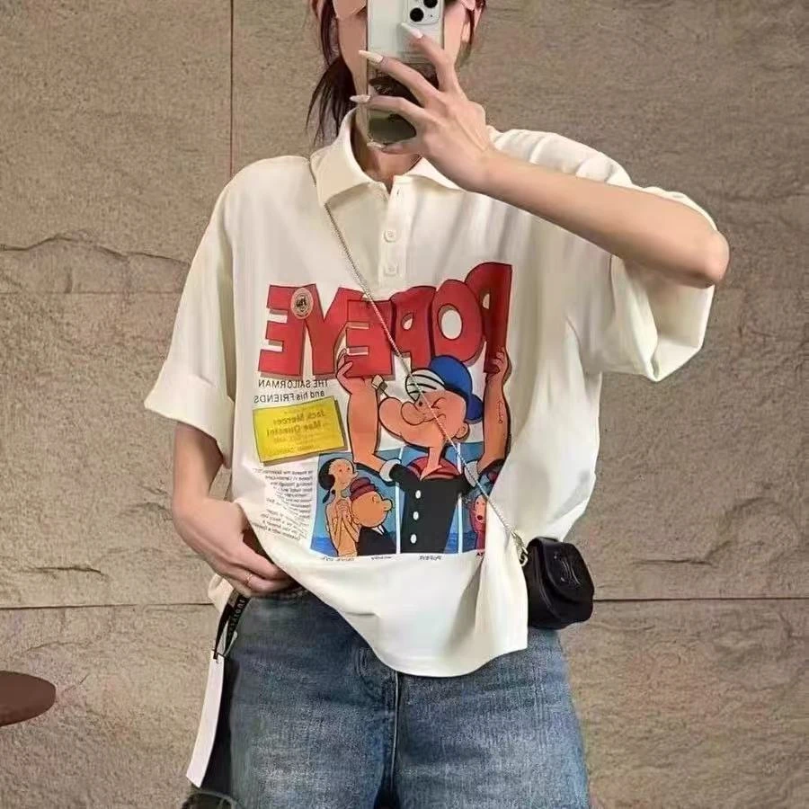 大力水手卡通图案宽松气质短袖POLO衫女夏季洋气休闲百搭