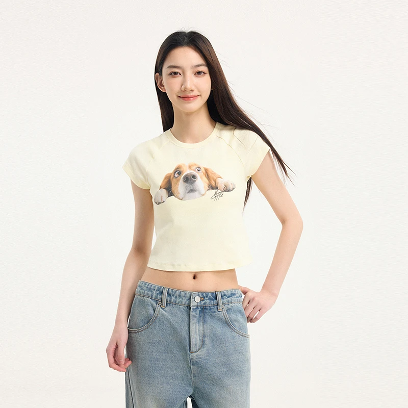 BONELESS修身小狗印花短袖夏短款趣味休闲显瘦圆领百搭辣妹T恤