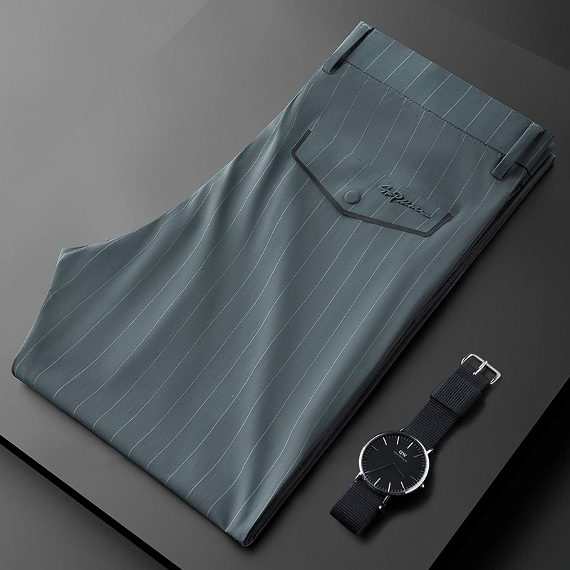 夏季薄款冰丝滑垂感弹力无痕商务条纹休闲裤男修身小直筒西裤男士