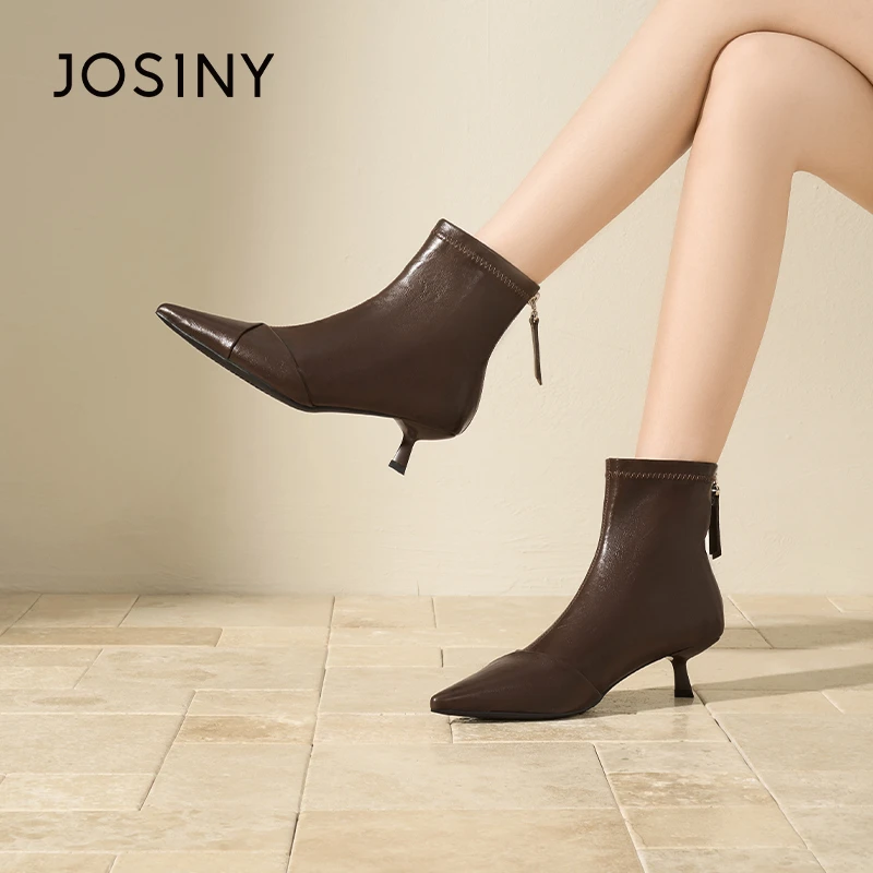 卓诗尼气质时尚女靴2025冬尖头细跟高跟百搭短靴瘦瘦靴562A60084