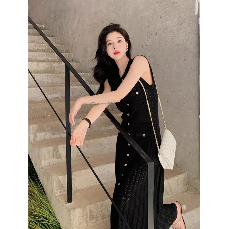 法式轻奢高级感小香风单排扣开叉针织长裙夏装新款圆领无袖连衣裙