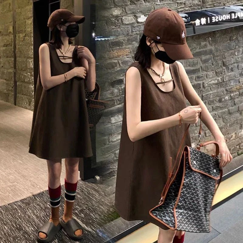 时髦孕妇连衣裙夏新款2025时尚韩版宽松休闲简约中长款显瘦背心裙
