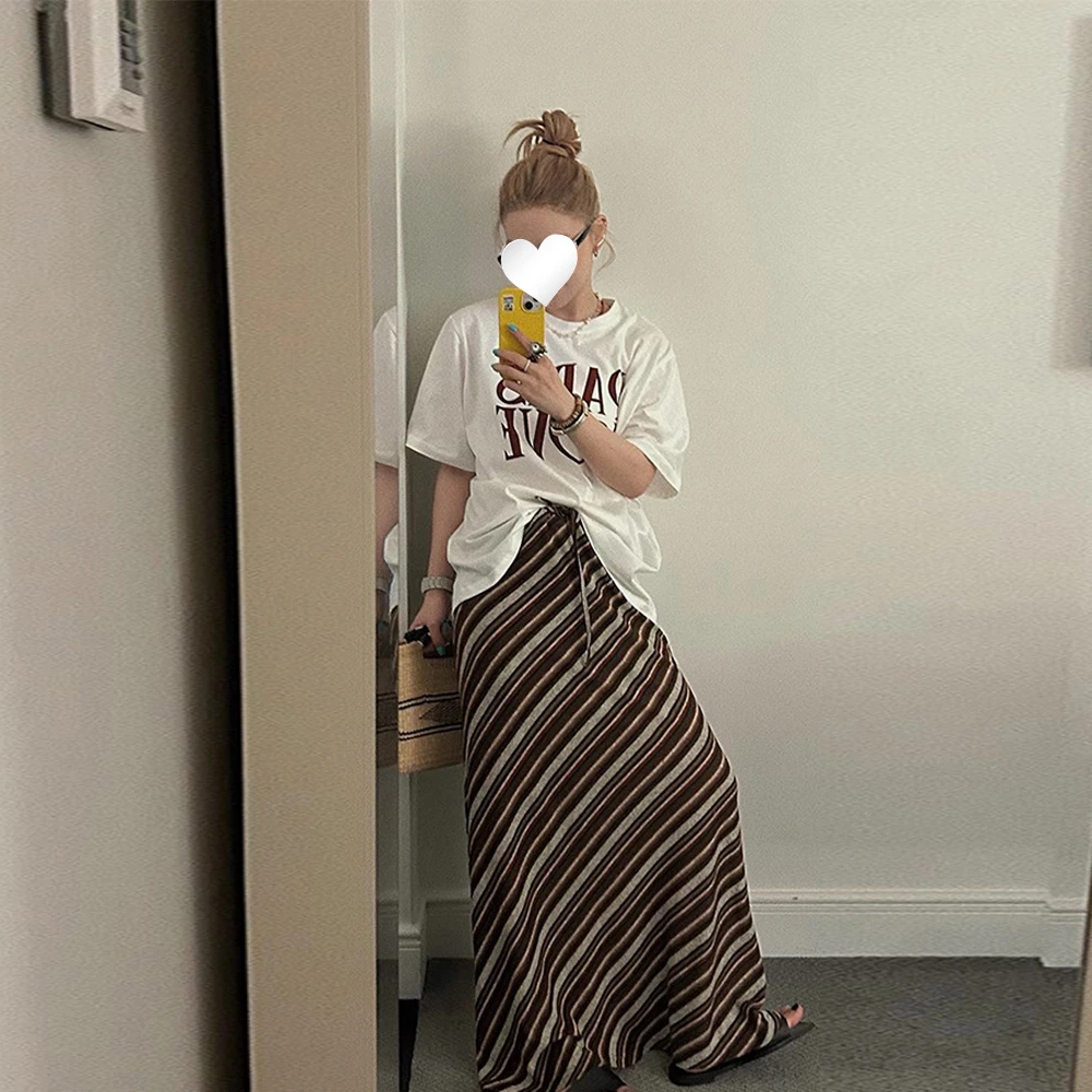 夏季新款2025法式复古慵懒风高腰条纹长裙设计感A字时尚风半身裙