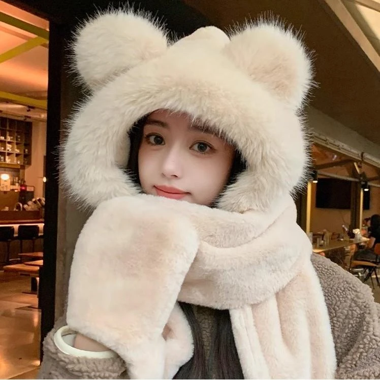 毛绒小熊帽子女2026冬季新款围巾一体手套三件套可爱加厚保暖围脖