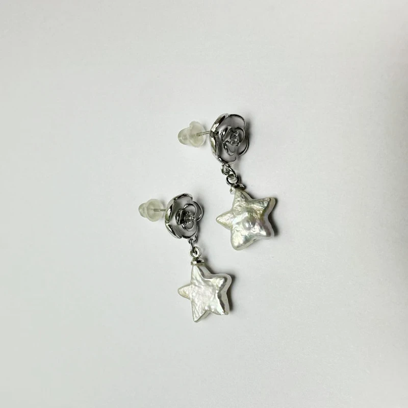 白巴五角星白莲花耳饰尺寸约10mm