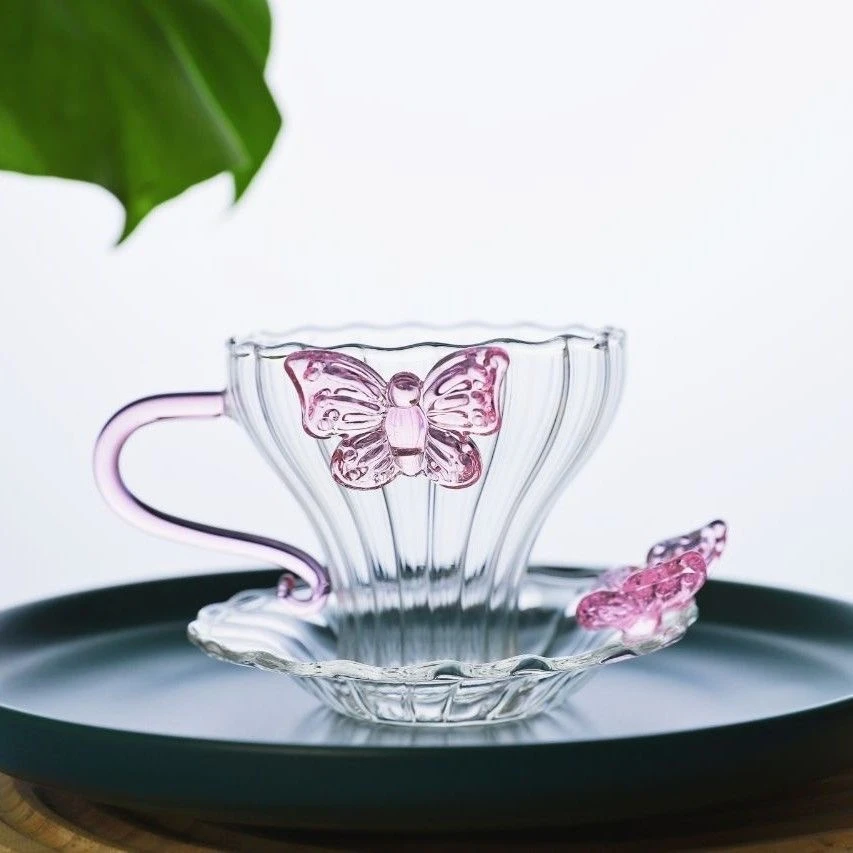粉色蝴蝶高硼硅玻璃把杯碟组合高颜值耐高温家用咖啡杯茶杯