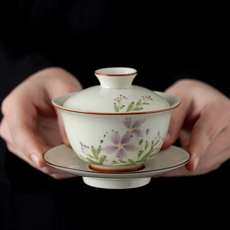 草木灰手绘三才盖碗茶杯悬停旋转单个高档女士小号泡茶碗陶瓷茶具