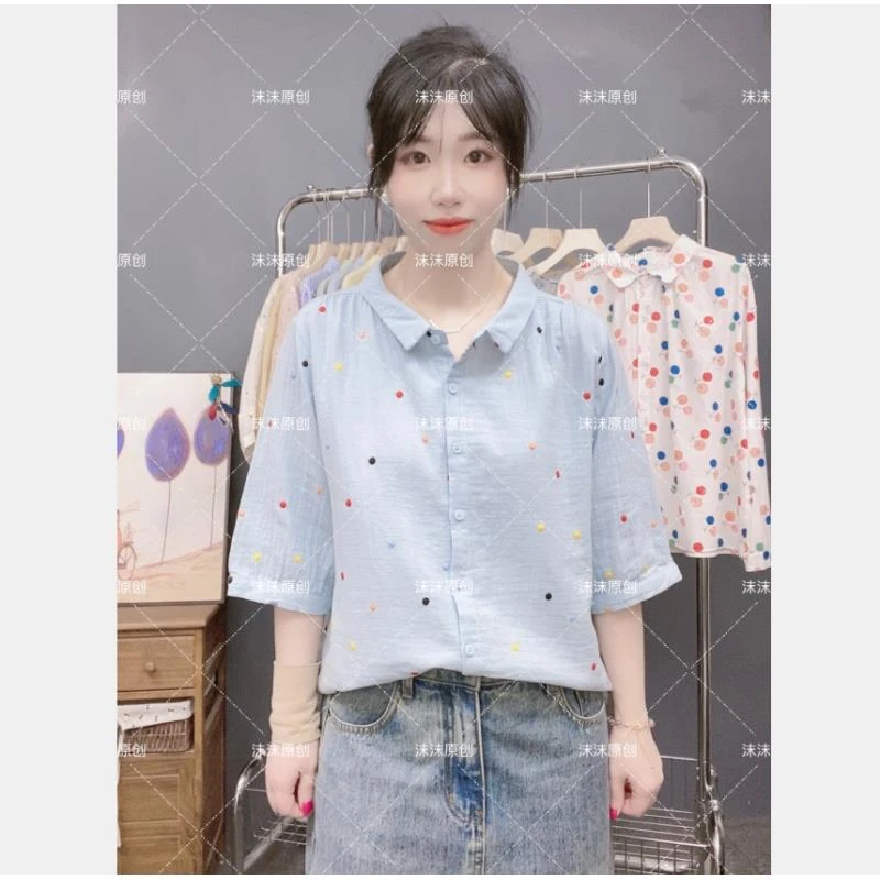 沫沫原创  文艺复古刺绣波点2025夏季新款宽松中袖衬衫女短袖上衣
