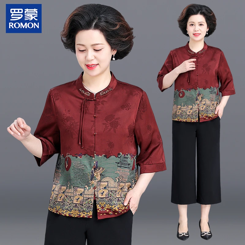 罗蒙妈妈装夏季国风套装母亲节服装中年时尚上衣中老年显瘦两件套