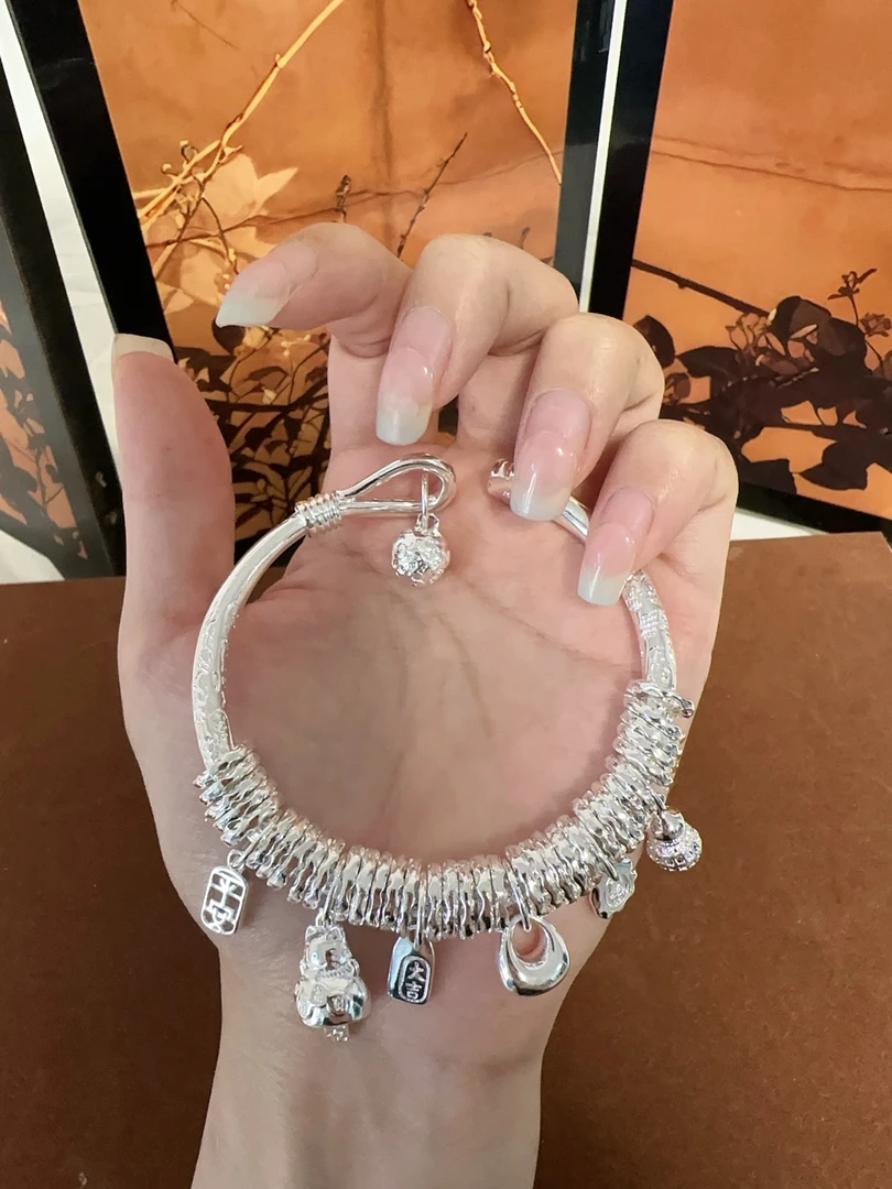 足银手镯 D02盘缠猫抓吉言手镯开口款