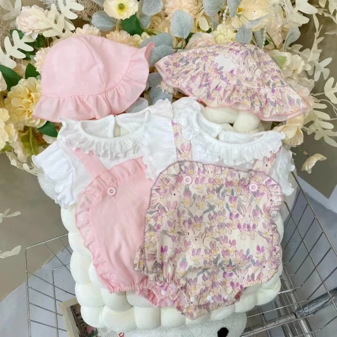 婴儿夏季吊带包屁衣套装宽松轻薄透气吸汗连体爬服碎花婴儿衣服