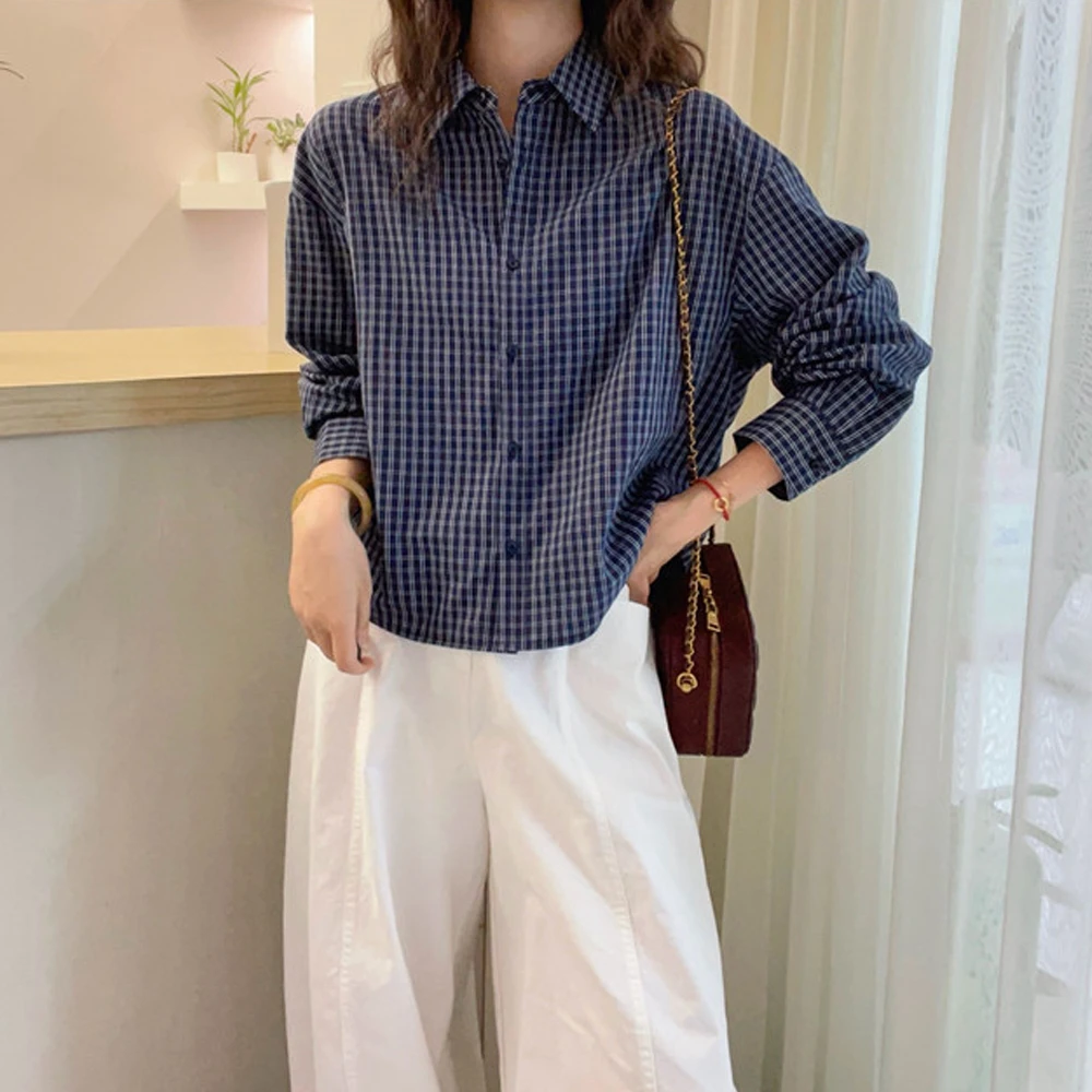 蓝色格子衬衫女春秋新款休闲宽松纯棉复古长袖polo领衬衣叠穿上衣