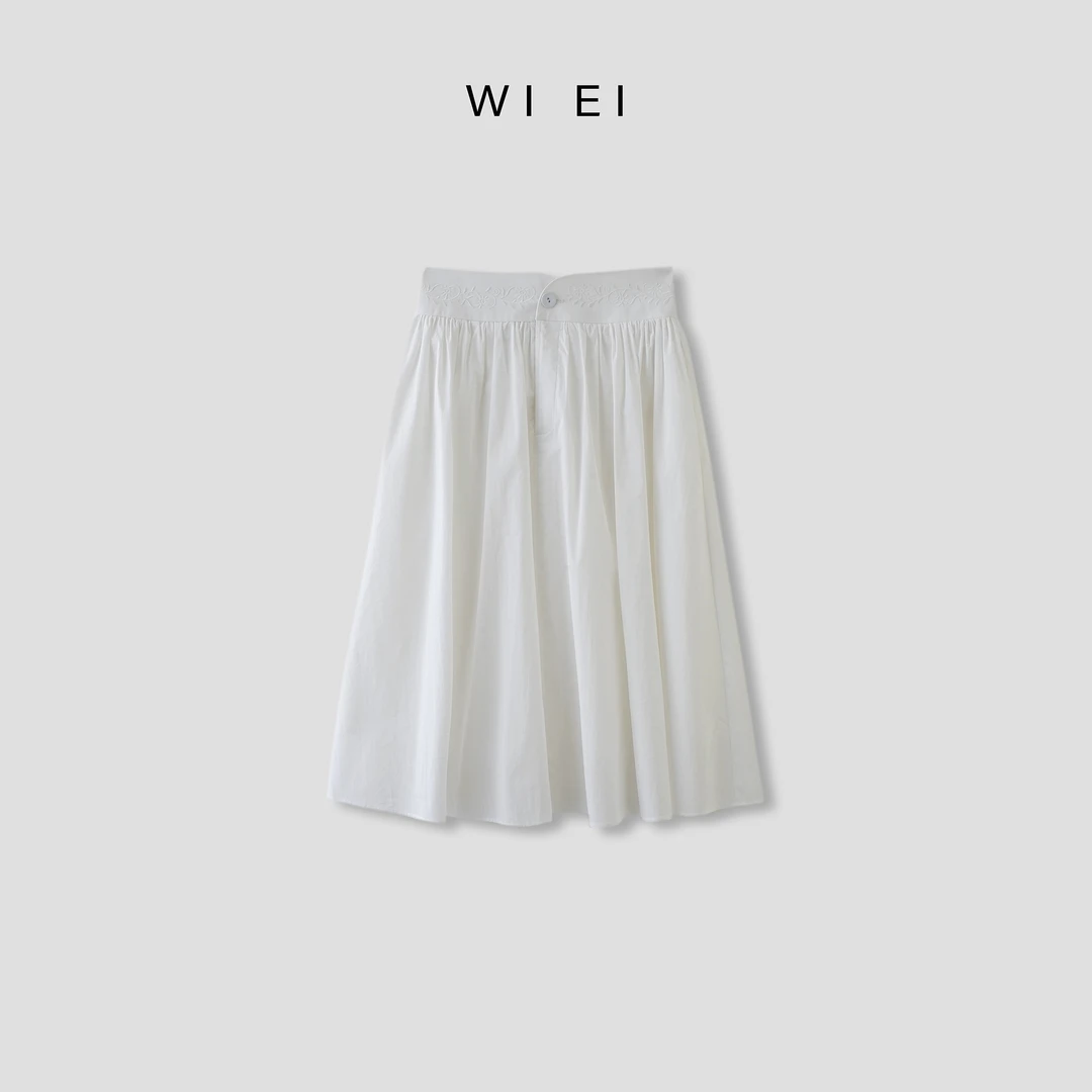 《WI EI》马德拉*法式刺绣弧形宽腰 白色显瘦半身伞裙24375