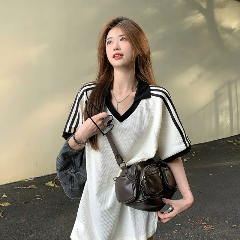 白色V领短袖t恤女2025夏季新款欧货时尚宽松洋气设计感中长款上衣