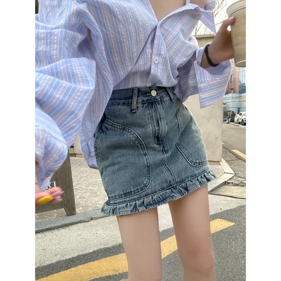 【HuiHui】韩版时尚设计感高腰宽松显瘦牛仔短裙（2559）