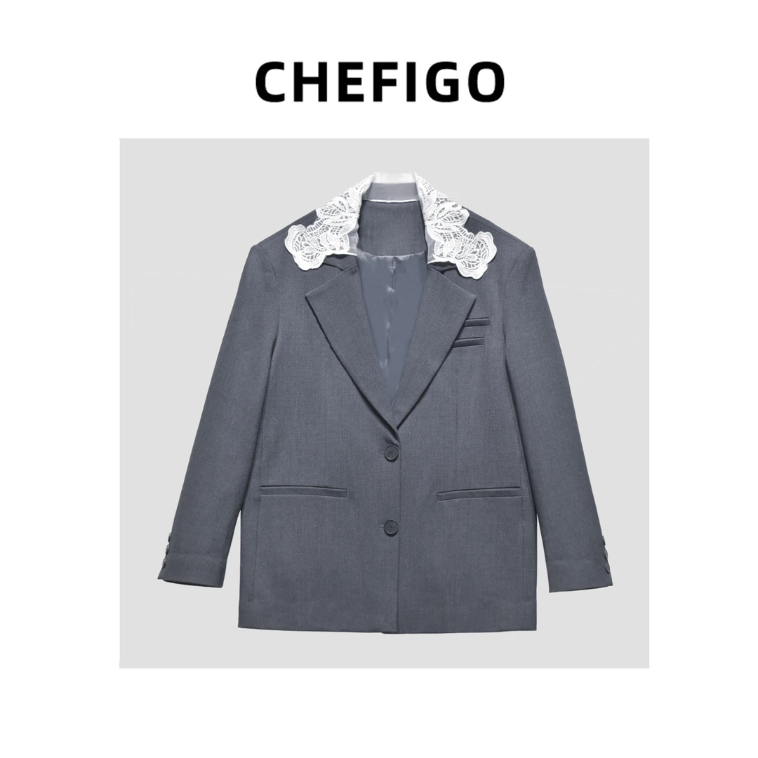 CHEFIGO戗驳领蕾丝领纯色廓形西装