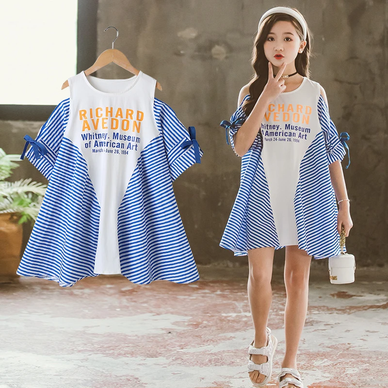 9条纹2025裙子连衣裙拼色背心韩版新款裙摆长T时尚女中大童胖妹