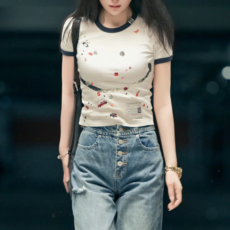 LUNAR NOSTALGIA2025新款卡通贴片泥染做旧短款修身短袖T恤女