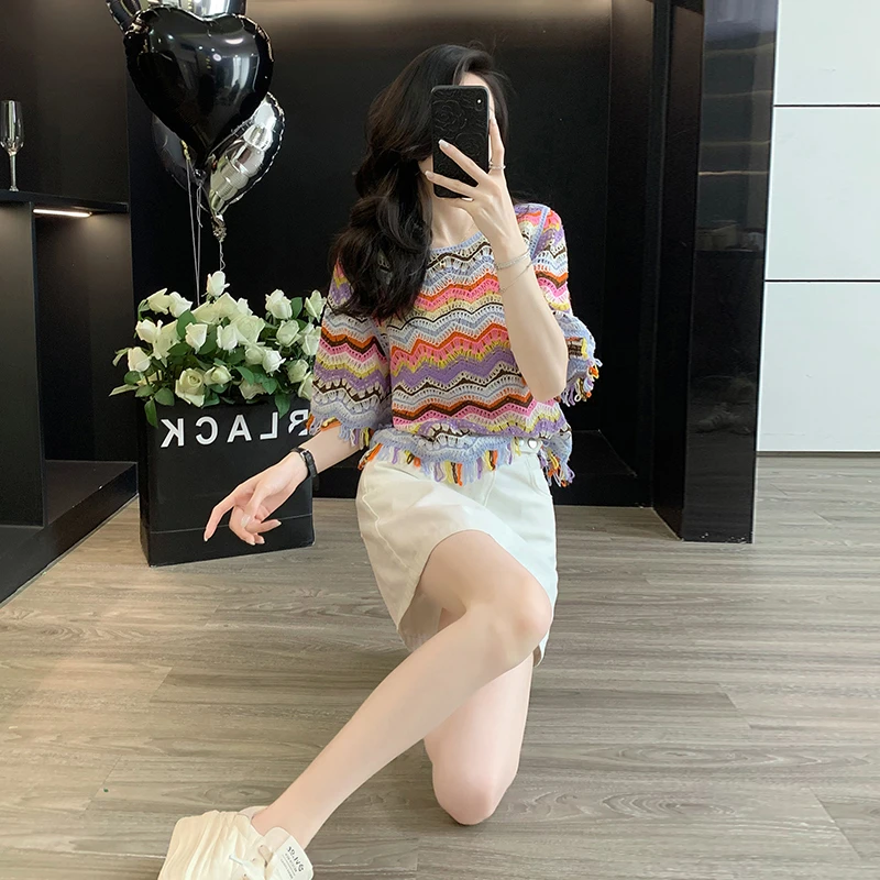 小个子时尚休闲套装裙女夏新款气质显瘦网红彩色条纹针织牛仔短裙