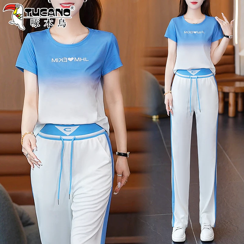 啄木鸟冰丝短袖运动套装女2025新款夏季薄款洋气显瘦休闲两件套
