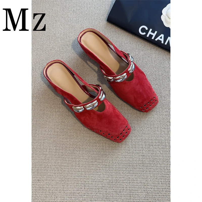 Mr.Zheng/内增高4.5cm/方头镂空透气一字带夏季新款半拖鞋女鞋