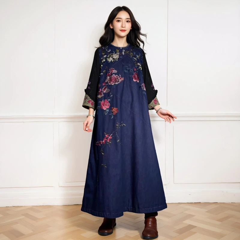 25春季新款新中式重工民风国风刺绣气质圆领牛仔背心裙连衣裙