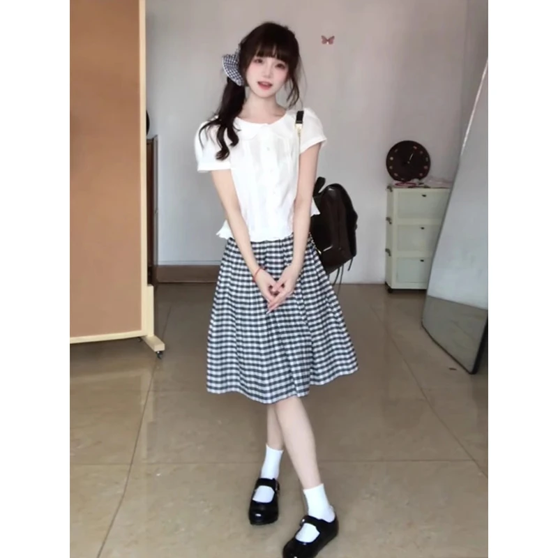 日系少女风休闲套装女夏季2025新款甜美减龄短袖衬衫半身裙两件套