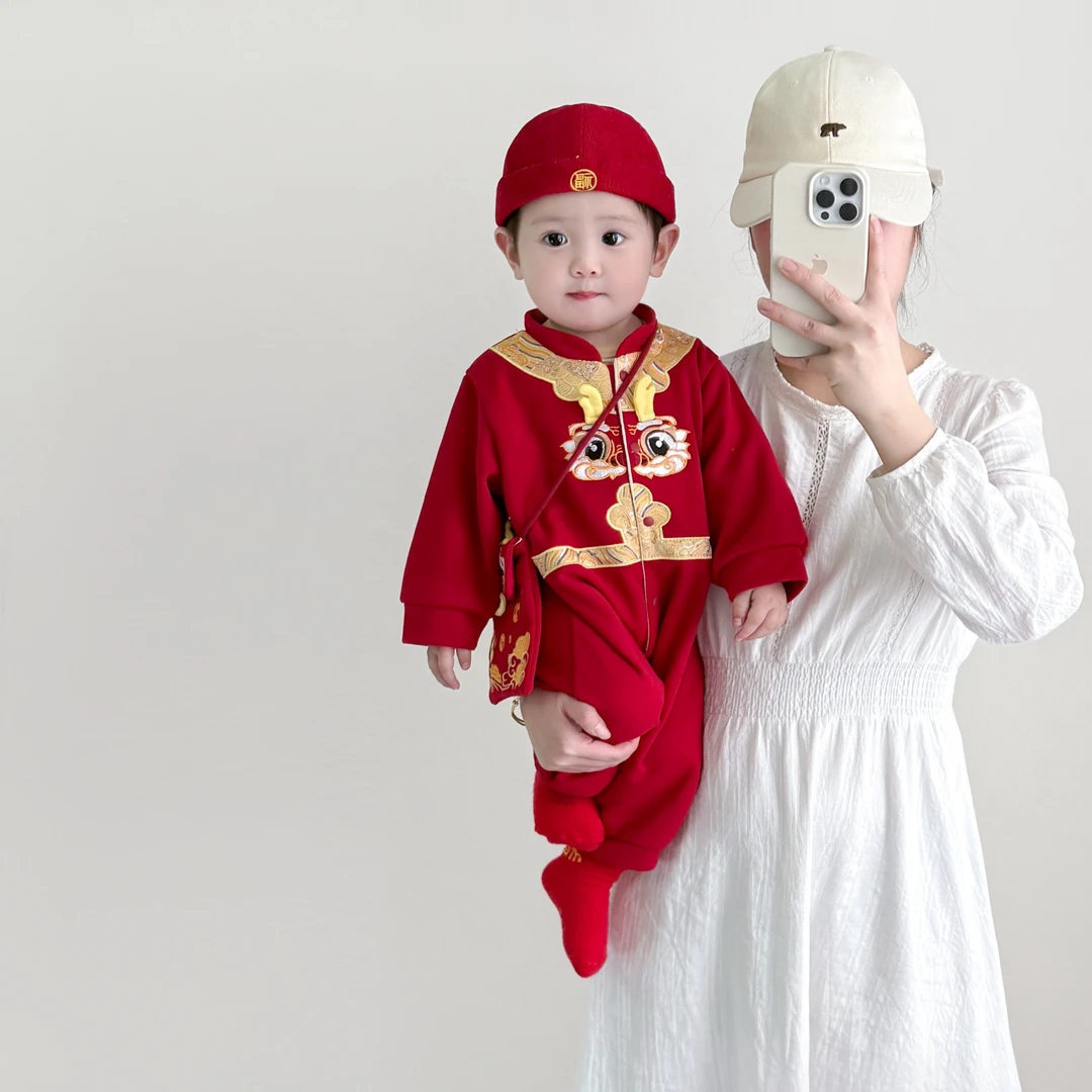 婴儿春秋连体衣满月周岁宝宝红色礼服新生儿外出服新中式喜庆爬服