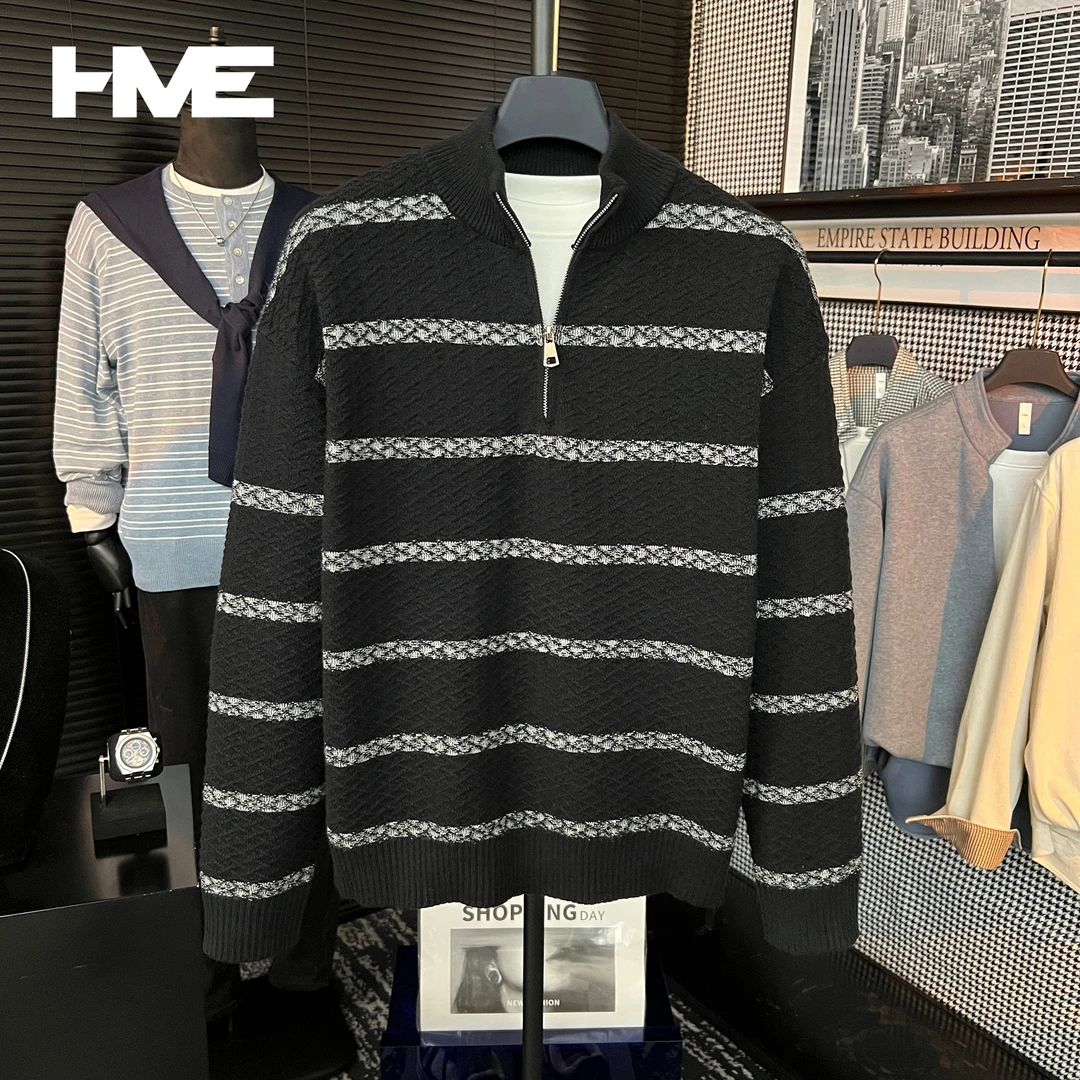 【HMEYAO】【流光风肌理提花】原创秋冬菱形提花撞色条纹半拉链针织衫