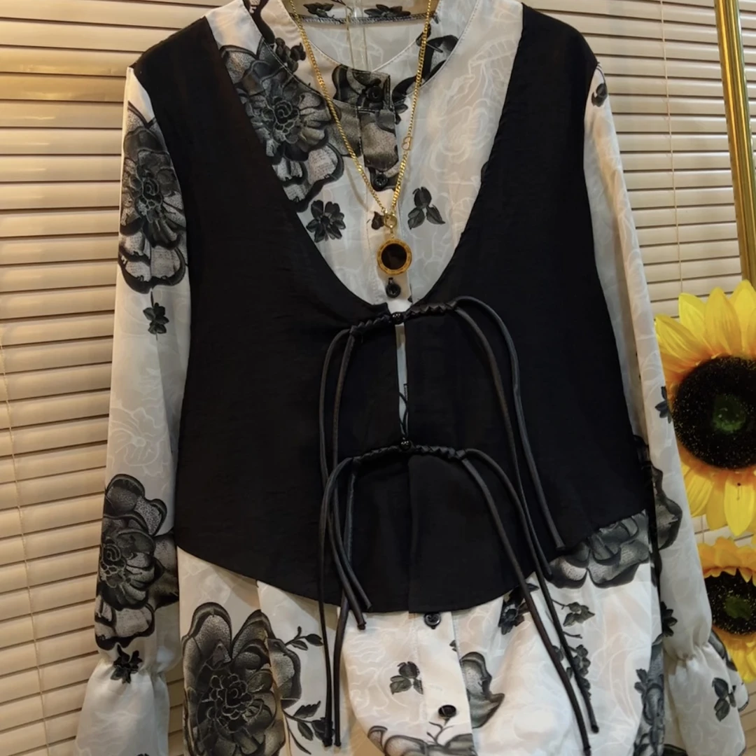 DXJ春季新款假两件印花衬衫遮肉上衣气质百搭