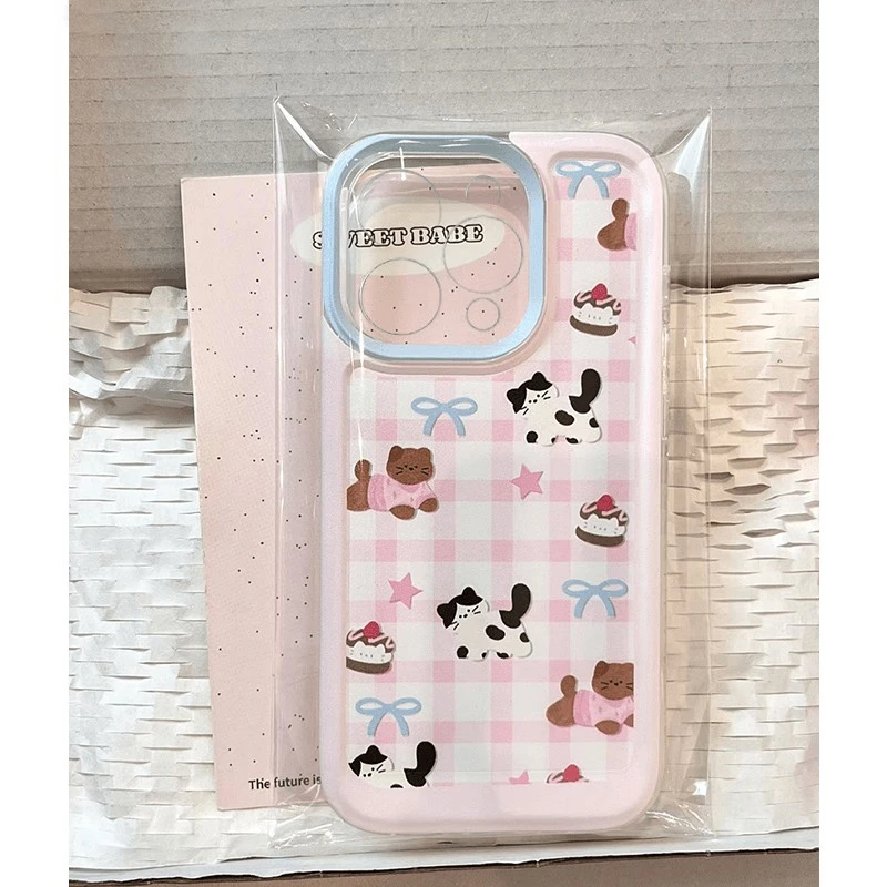 格纹猫咪适用苹果16PROMAX手机壳15Plus可爱14少女13防摔12软壳11