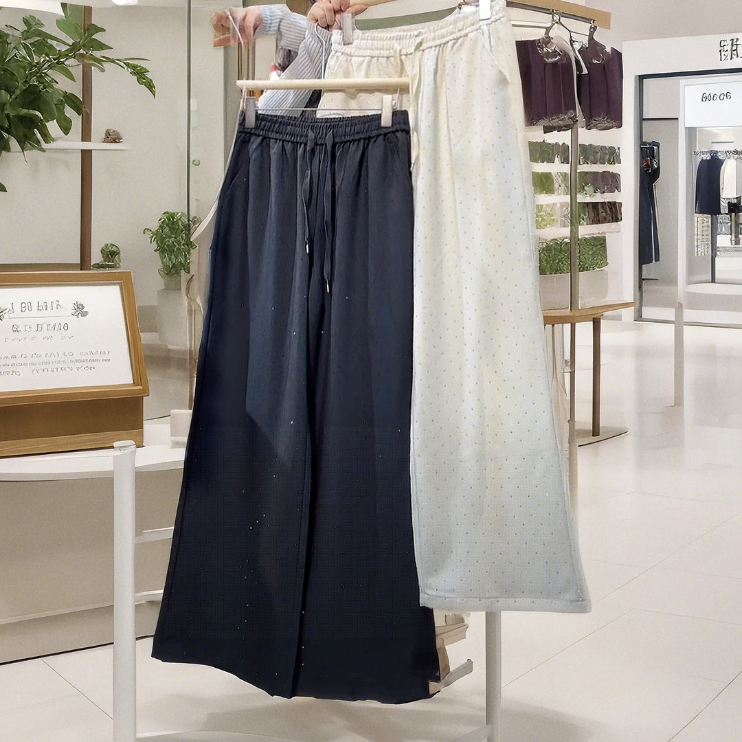 1872秋～斜纹面料镶钻直筒裤休闲裤长款松紧腰长裤宽松阔腿裤