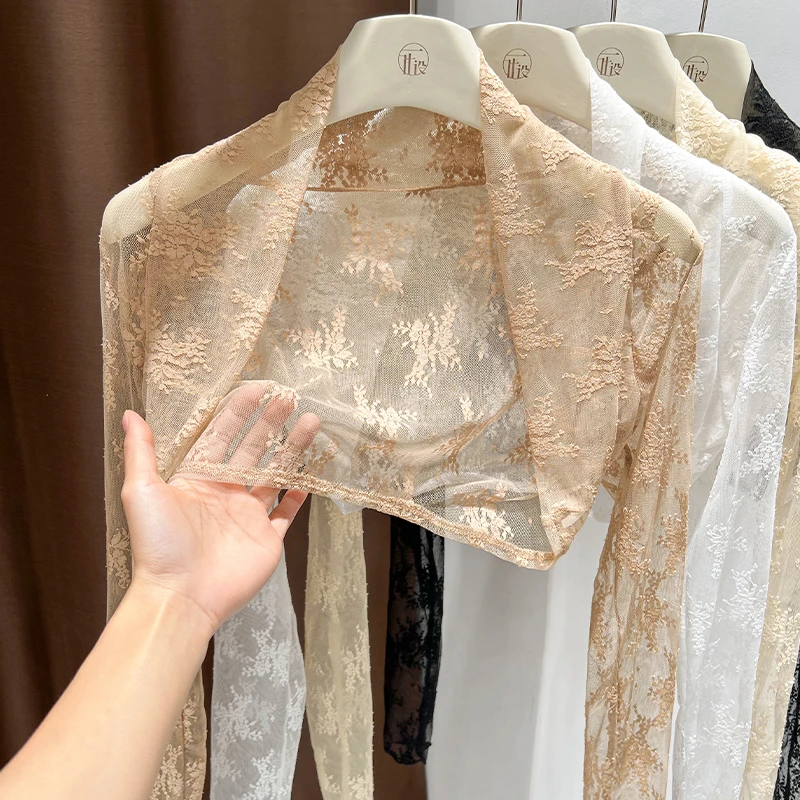 夏天高级感防晒罩衫女吊带裙外搭蕾丝长袖披肩短款镂空网纱小坎肩