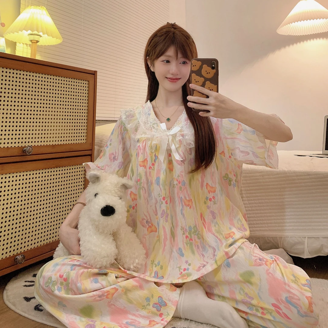 夏季蝴蝶结短袖彩色三件装V领睡衣甜美秋季夏天