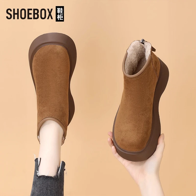 SH0EBOX鞋柜加绒雪地靴女冬季2025新款短靴厚底勃肯棉鞋桑坡村
