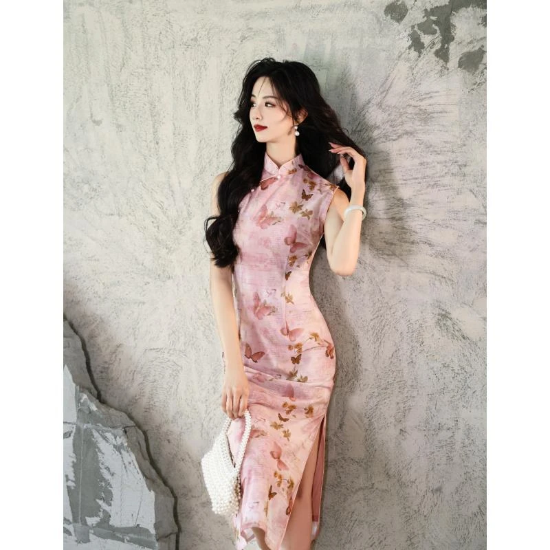 苏故里【粉黛蝶花】文艺港风复古夏季日常旗袍立领显瘦修身衣长120