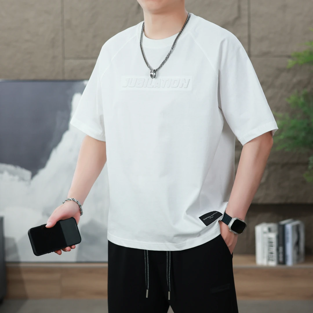 夏季新款日常圆领短袖T恤休闲潮流港风简约男士半袖宽松百搭上衣