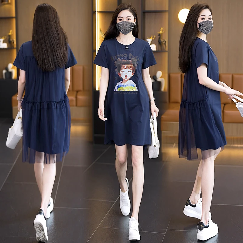 夏季大码宽松连衣裙气质胖妹妹遮肚子减龄中长款网纱拼接印花裙子