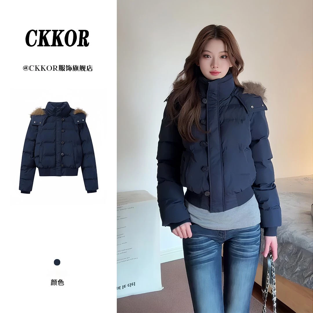 CKKOR毛领连帽加厚保暖棉衣外套女新款美式复古小个子短款面包服