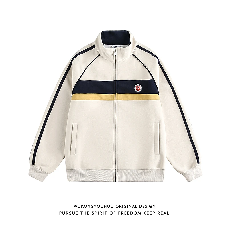悟空有货美式复古学院风拼色立领开衫卫衣男潮牌休闲运动拉链外套