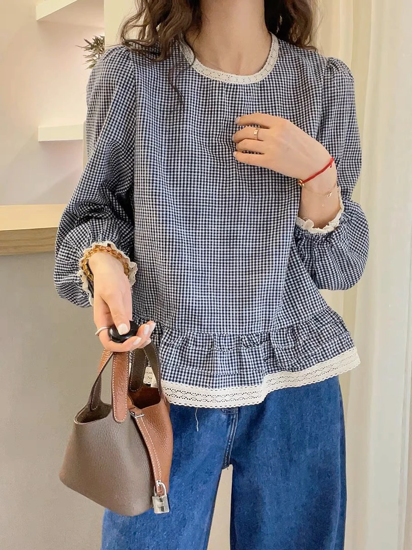 （杭州货原版）欧洲站2025春季新款撞色花边拼接洋气显瘦娃娃衫